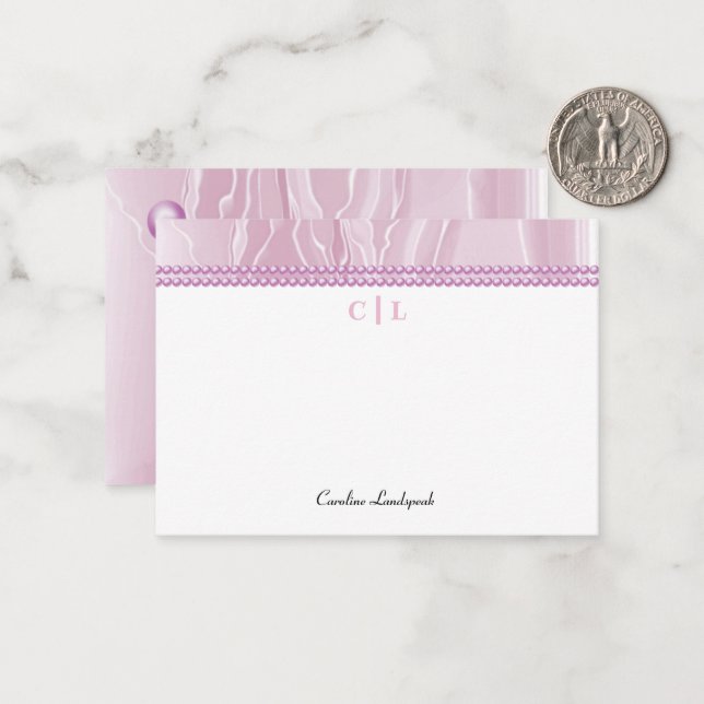 Elegant Pink Silk Pearls Monogrammed Initials Card (Front/Back In Situ)
