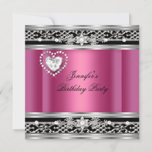 Elegant Pink Silver Black Diamond Birthday Party Invitation