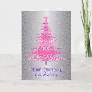 Elegant Pink Silver Christmas Tree Custom Name  Holiday Card