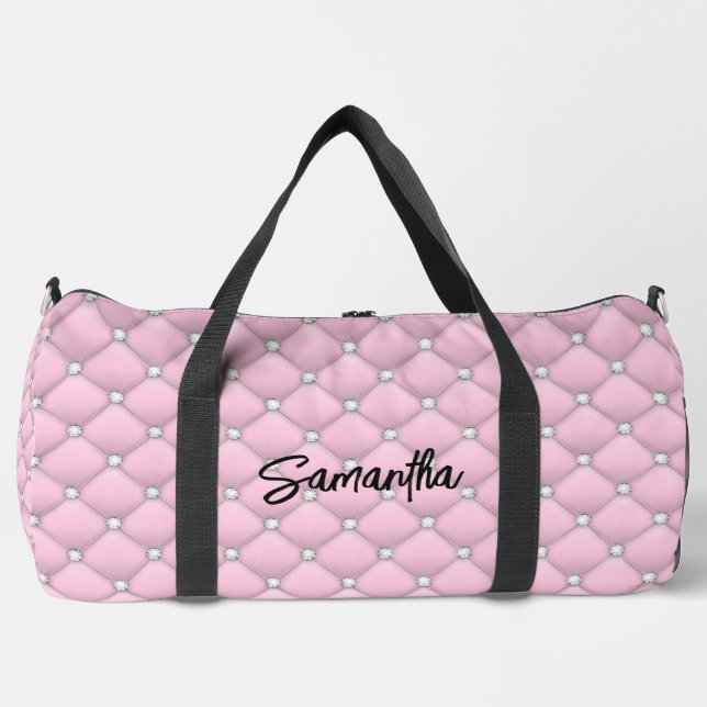 Elegant pink silver faux glitter drips monogrammed duffle bag (Front)