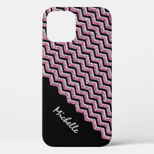 Elegant Pink Silver Glitter Chevron Personalised iPhone 12 Pro Case