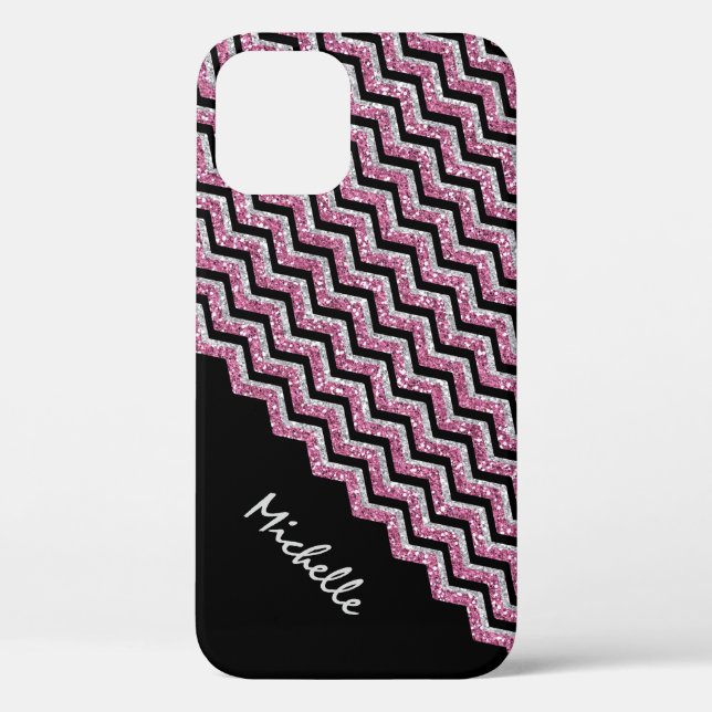 Elegant Pink Silver Glitter Chevron Personalised Case-Mate iPhone Case (Back)