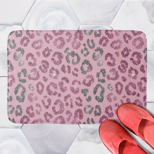 Elegant Pink Silver Glitter Leopard on Rose Gold Bath Mat