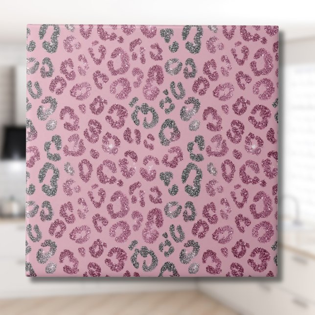 Elegant Pink Silver Glitter Leopard on Rose Gold Ceramic Tile (Creator Uploaded)