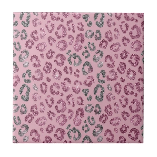 Elegant Pink Silver Glitter Leopard on Rose Gold Ceramic Tile (Front)