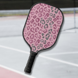 Elegant Pink Silver Glitter Leopard on Rose Gold Pickleball Paddle