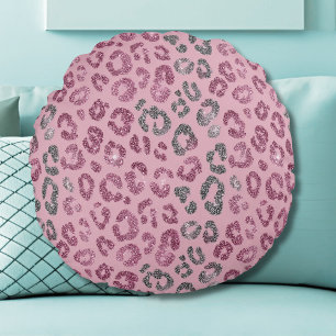 Elegant Pink Silver Glitter Leopard on Rose Gold Round Cushion