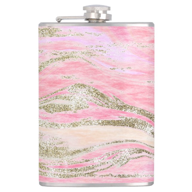 Elegant Pink Silver Glitter Marble Pattern Chic Hip Flask (Front)