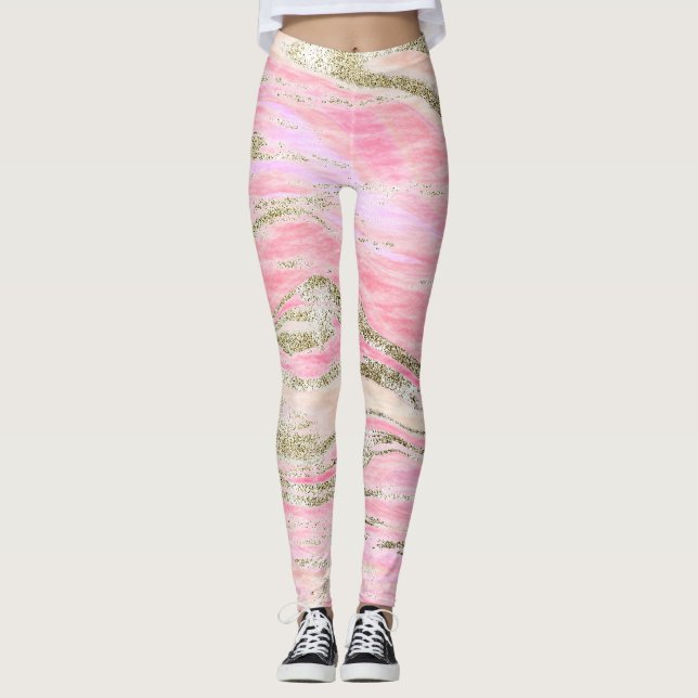 Elegant Pink Silver Glitter Marble Pattern Chic Leggings (Front)