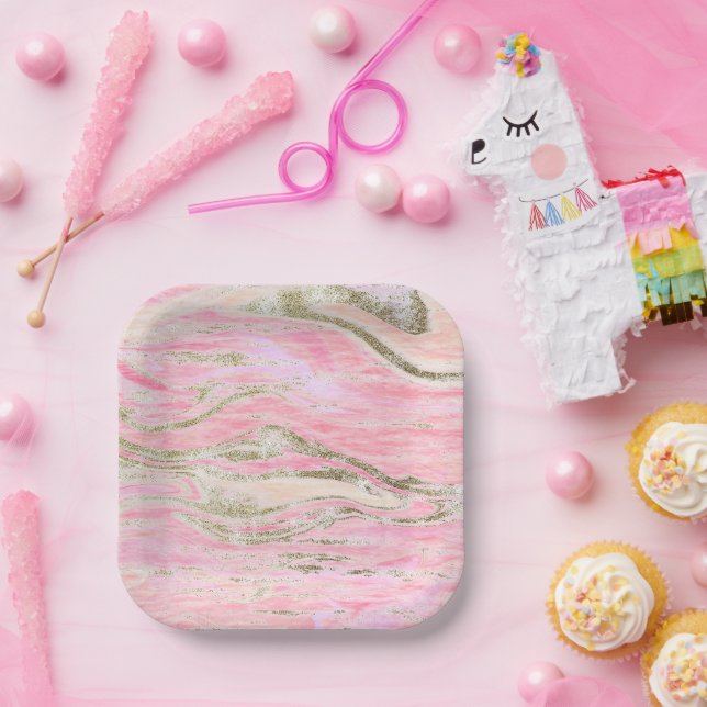 Elegant Pink Silver Glitter Marble Pattern Paper Plate (Party)