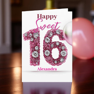 Elegant Pink & Silver Glittering Gemstone Sweet 16 Card
