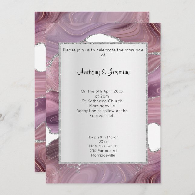 ELEGANT PINK SILVER MARBLE WEDDING  INVITATION (Front/Back)