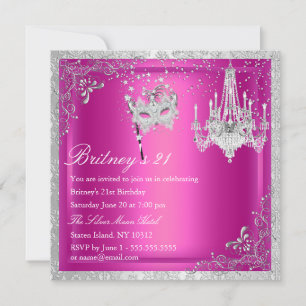 Elegant Pink & Silver Masquerade 21st Invite