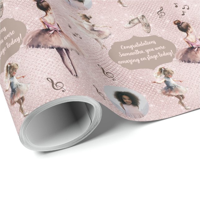 Elegant Pink Silver Name Text Photo Ballet Tutu  Wrapping Paper (Roll Corner)