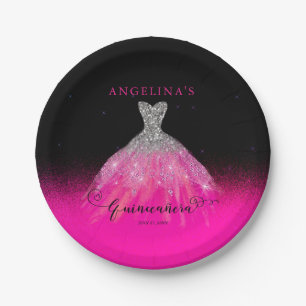 Elegant Pink Silver Spanish Gown Quinceañera Paper Plate