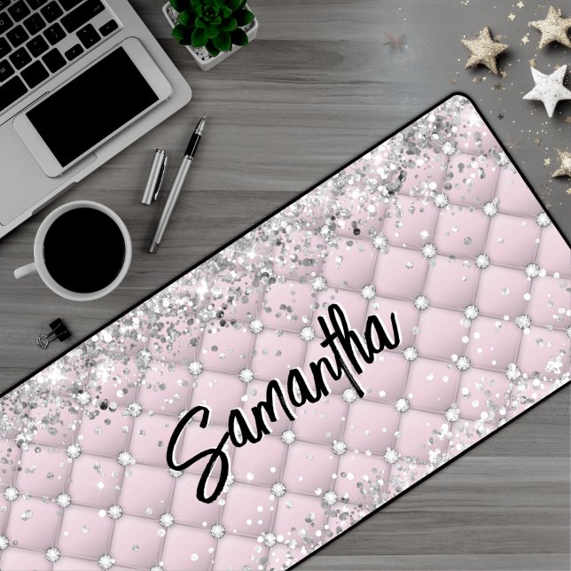 Elegant pink silver sparkly glitter monogram desk mat (Creator Uploaded)