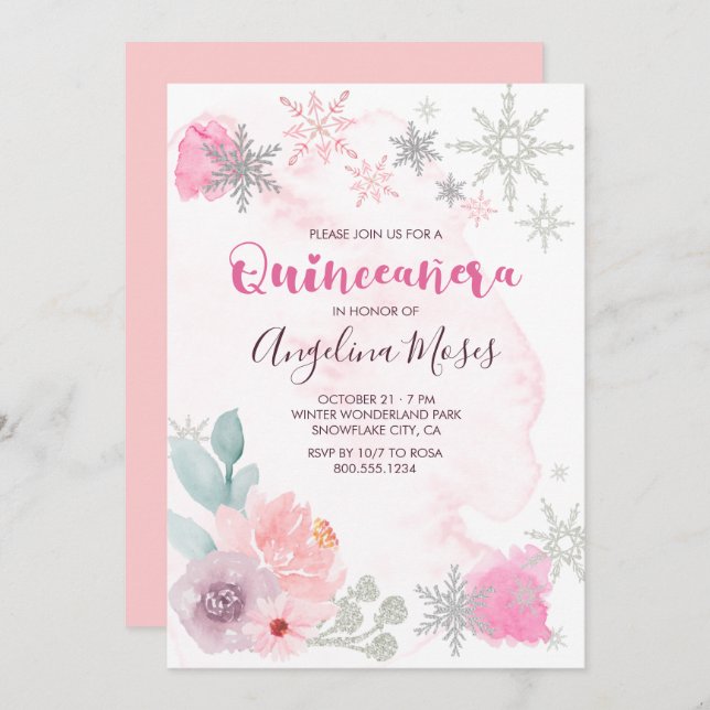 Elegant Pink Silver Winter Wonderland Quinceanera Invitation (Front/Back)