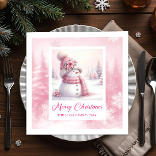 Elegant Pink Snowman Kids Winter Scene Party Xmas Napkin