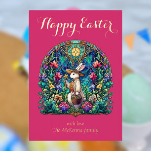 Elegant Pink Stained Glass Bunny Gardener Easter Foil Holiday Card