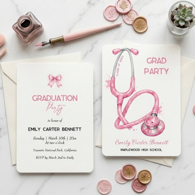 Elegant Pink Stethoscope Nurse Doctor Graduation Invitation (Creator Uploaded)