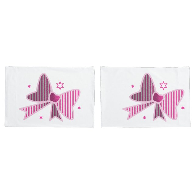 Elegant Pink Striped Bow with Stars Pillow Cover (Back-Set)