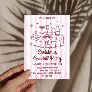 Elegant Pink Striped Christmas Cocktail Party Invitation