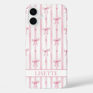 Elegant Pink Striped Coquette Bows Monogrammed iPhone 16 Plus Case