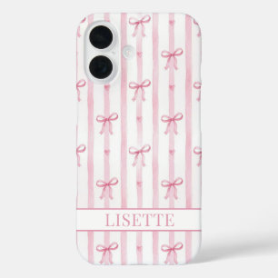 Elegant Pink Striped Coquette Bows Monogrammed iPhone 16 Case