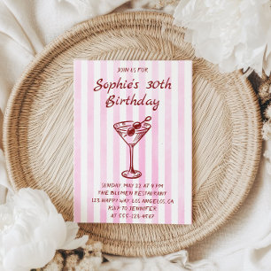 Elegant Pink Striped Martini 30th Birthday Invitation