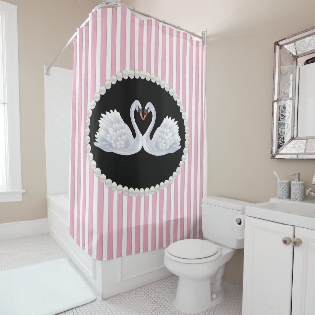 Elegant Pink Striped Pearls & Swans Shower Curtain (In Situ)