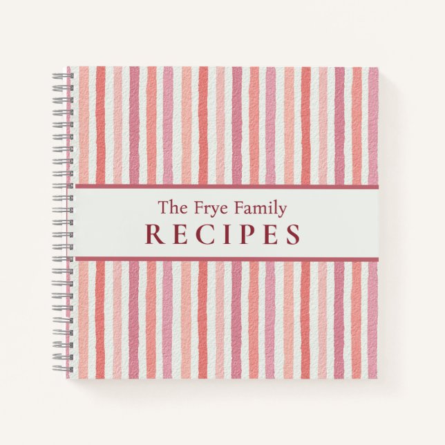 Elegant Pink Striped Personalized Family Recipe Notebook (Front)