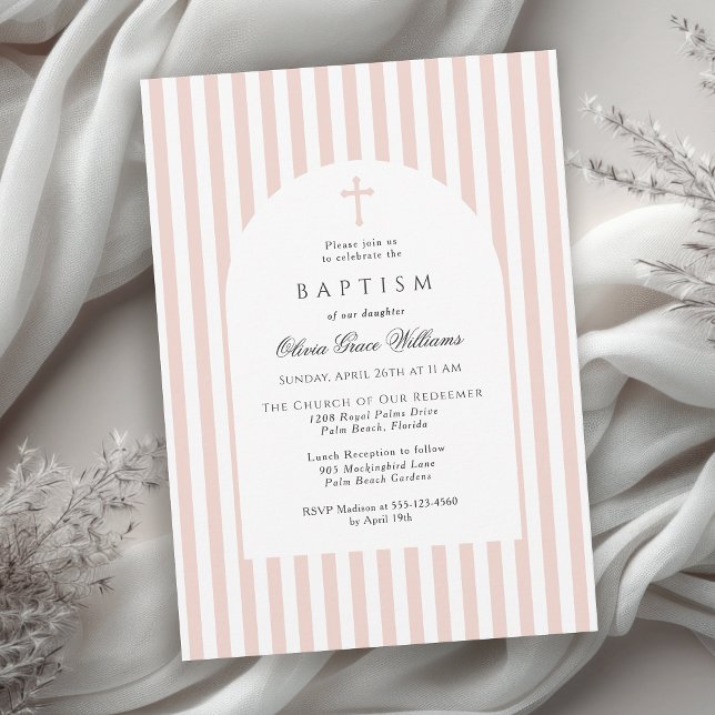 Elegant Pink Stripes Baptism Invitation for Girl (Available in both printed and instant download digital formats.)
