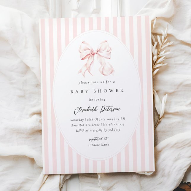 Elegant Pink Stripes Bow Baby Shower Baby Shower Invitation (Creator Uploaded)
