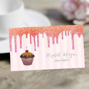 Elegant Pink Stripes Drips Cupcake Cherry Business Card