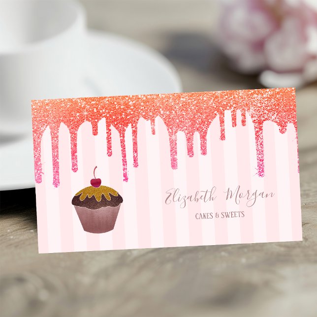 Elegant Pink Stripes Drips Cupcake Cherry Business Card (Creator Uploaded)
