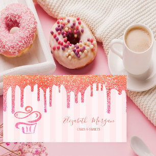 Elegant Pink Stripes Glitter Drips Cupcake  Business Card