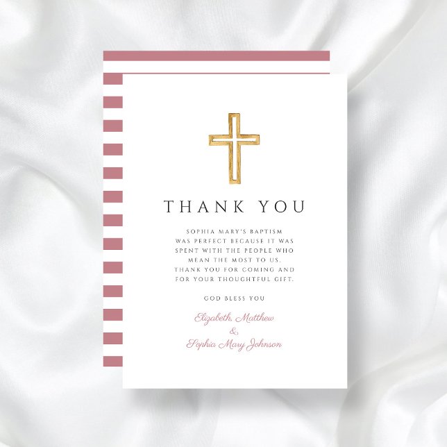 Elegant Pink Stripes Religious Cross Girl Baptism Thank You Card (Elegant Dusty Pink Cross Girl Baptism Thank You Card)