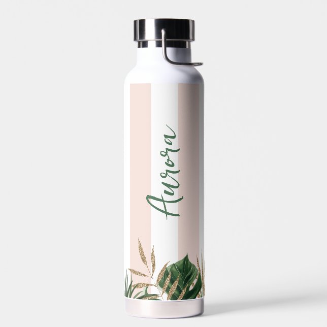 Elegant pink stripes tropical bridesmaid water bottle (Left)