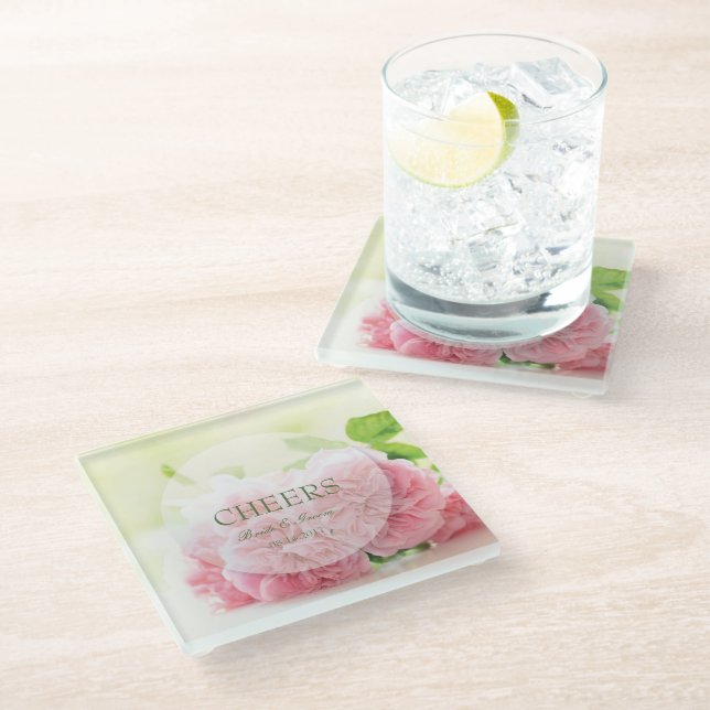 Elegant Pink Summer Rose Wedding Cheers Glass Coaster (Angled)