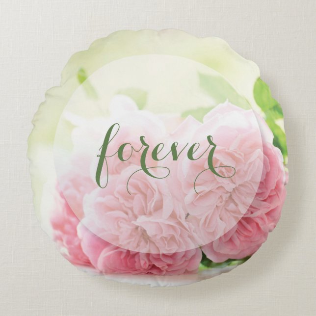 Elegant Pink Summer Rose Wedding Forever Round Cushion (Front)
