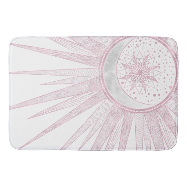 Elegant Pink Sun Moon Doodle Mandala White Design Bath Mat (Front)