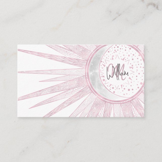 Elegant Pink Sun Moon Doodle Mandala White Design Business Card (Front)