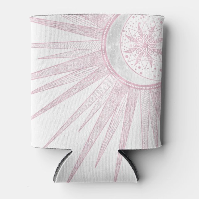 Elegant Pink Sun Moon Doodle Mandala White Design Can Cooler (Front)