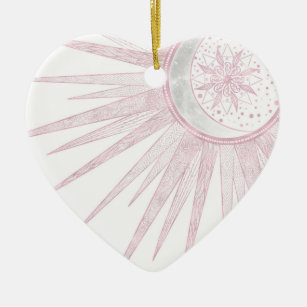 Elegant Pink Sun Moon Doodle Mandala White Design Ceramic Ornament