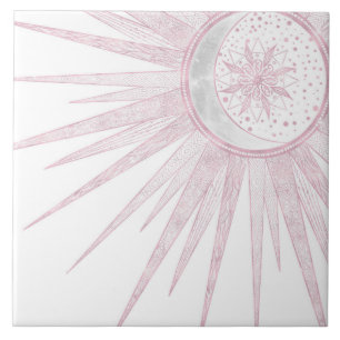 Elegant Pink Sun Moon Doodle Mandala White Design Ceramic Tile