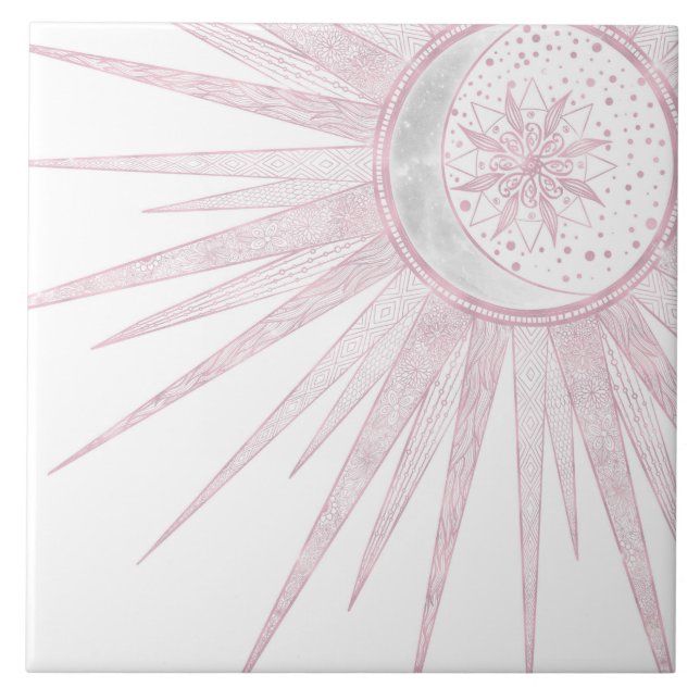 Elegant Pink Sun Moon Doodle Mandala White Design Ceramic Tile (Front)