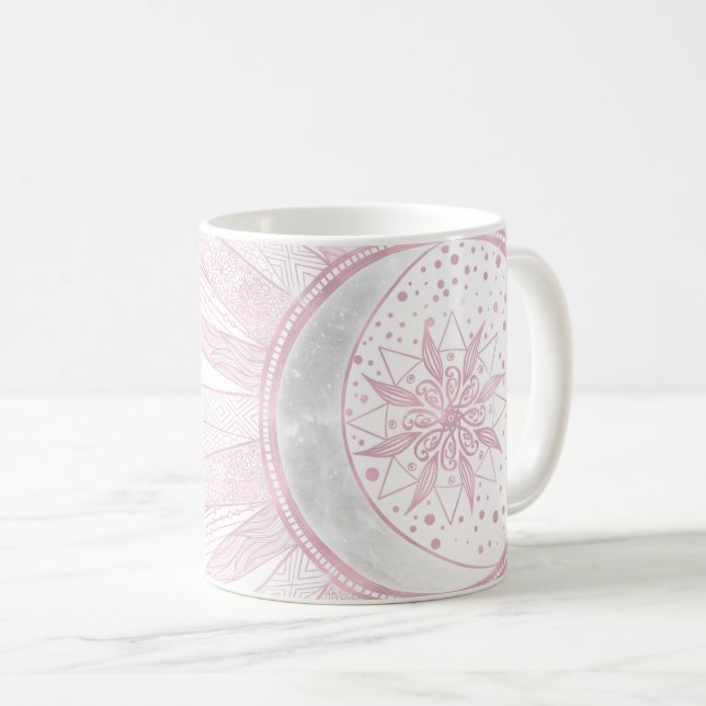 Elegant Pink Sun Moon Doodle Mandala White Design Coffee Mug (Front Right)