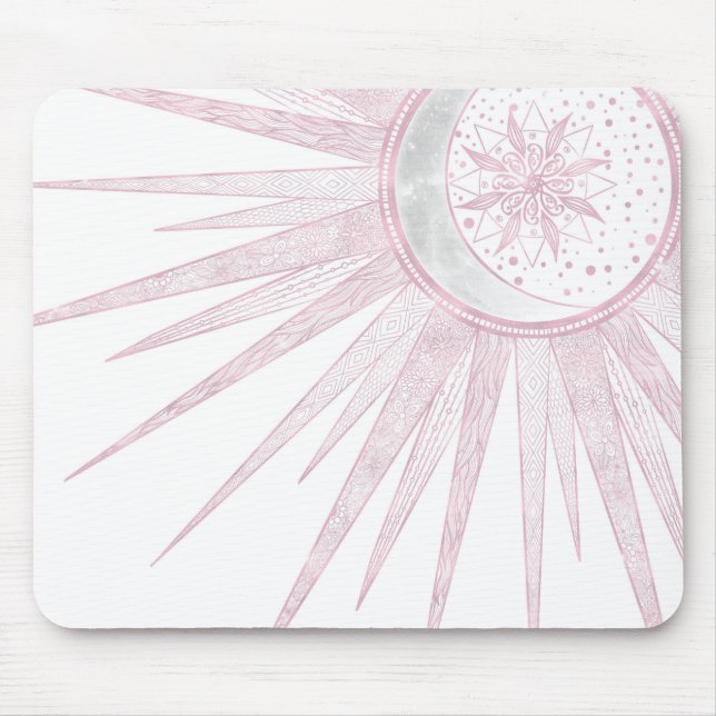 Elegant Pink Sun Moon Doodle Mandala White Design Mouse Pad (Front)