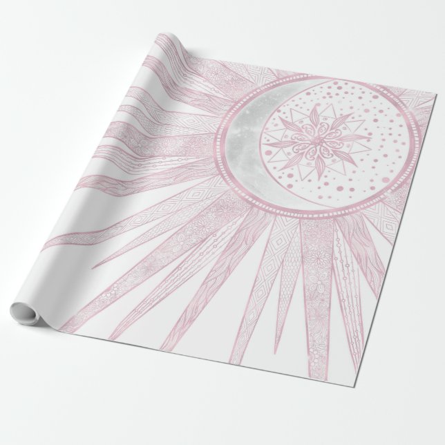 Elegant Pink Sun Moon Doodle Mandala White Design Wrapping Paper (Unrolled)