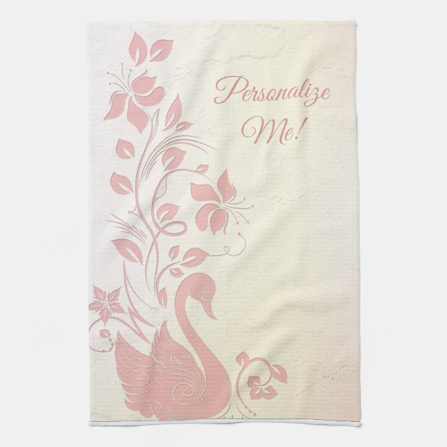 Elegant Pink Swan Vintage Personalised Tea Towel (Vertical)